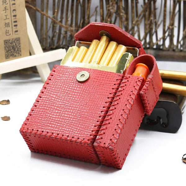 Handmade Leather Womens Red Cigarette Holder Case with Lighter holder for Women