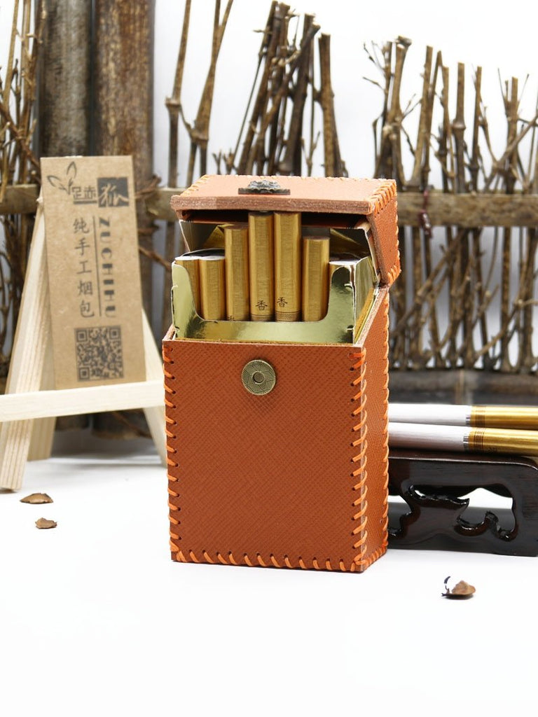 mens cigarette holder Vintage Metal Case Box Gold Men Tobacco for 20s 85mm King Size 3.5 x 6 approxOther features Cool Wooden Beige Leather Mens