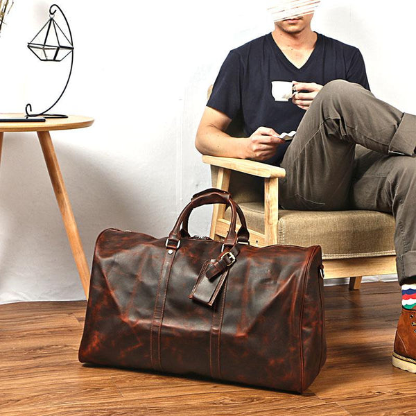 Vintage Brown Leather Mens Casual Large Travel Bags Shoulder Weekender Bags Duffle Bag For Men