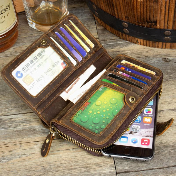 Cool Brown Mens long Wallet Bifold Zipper Clutch Wallet Cellphone Long Wallet for Men