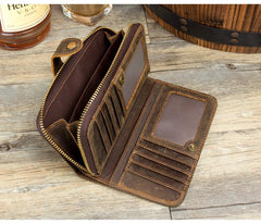 Cool Brown Mens long Wallet Bifold Zipper Clutch Wallet Cellphone Long Wallet for Men