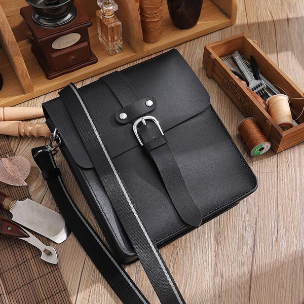 Handmade Black LEATHER MENs Vertical Messenger Bag Black Small Side Bag FOR MEN