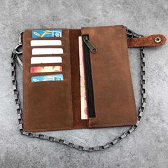 Vintage Brown Leather Men's Long Biker Chain Wallet Brown Badass Bifold Long Wallet with Chain For Men