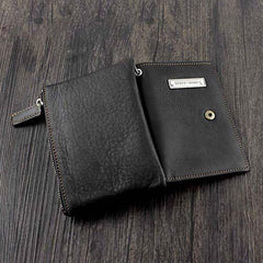 Black Leather Men's Small Biker Wallet Chain Wallet Short Bifold Wallet with Chain Coin Purse For Men