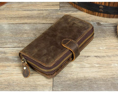 Cool Brown Mens long Wallet Bifold Zipper Clutch Wallet Cellphone Long Wallet for Men