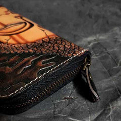 Badass Black Leather Men's Clutch Wallet Buddha Handmade Tooled Zipper Long Wallets For Men