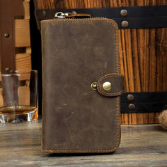 Cool Brown Mens long Wallet Bifold Zipper Clutch Wallet Cellphone Long Wallet for Men