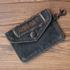 Vintage Womens Denim Card Holder with Lanyard Denim Black Small Card Coin Purse for Women