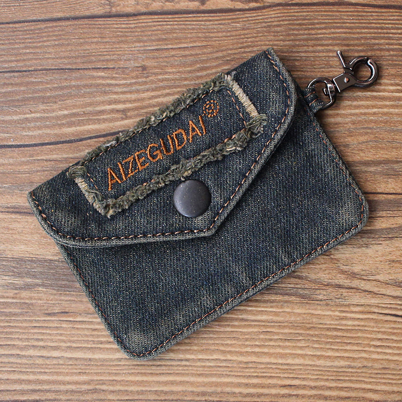 Vintage Womens Denim Card Holder with Lanyard Denim Blue Small Card Coin Purse for Women