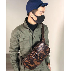 Cool Leather Mens Camouflage Chest Bag Sling Bag Crossbody Pack Black One Shoulder Backpack for men