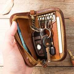 Black Handmade Leather Mens Small Car Key Wallet Dark Brown Key Holder Coin Purse Card Holder For Men