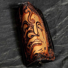 Badass Black Leather Men's Clutch Wallet Buddha Handmade Tooled Zipper Long Wallets For Men