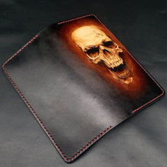 Dark Coffee Handmade Tooled Smiling Skull Leather Mens Bifold Long Wallet Clutch For Men