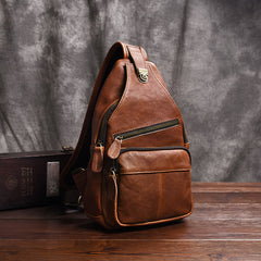 Cool Brown Leather Sling Bag Vintage Mens Sling Pack Sling Chest Bag For Men