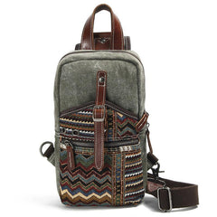 Cool Canvas Leather Mens Embroidered Sling Bag Chest Bag Gray One Shoulder Backpack for Men