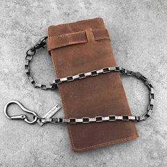 Vintage Brown Leather Men's Long Biker Chain Wallet Brown Badass Bifold Long Wallet with Chain For Men