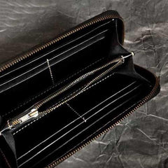 Badass Black Leather Men's Long Biker Wallet Golden Carp Handmade Tooled Zipper Long Wallets For Men