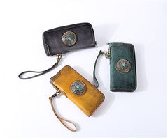 Handmade Black Leather Mens Long Leather Green Wallet Zipper Yellow Clutch Wallet for Men