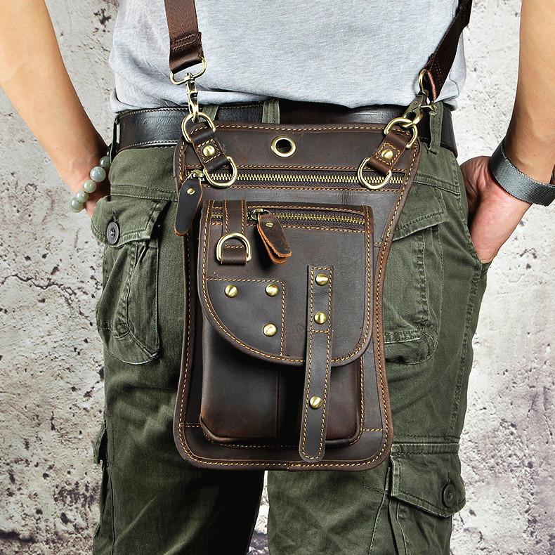 Cool Leather Brown Men s Biker Drop Leg Bag Belt Pouch Black Waist Bag iChainWallets