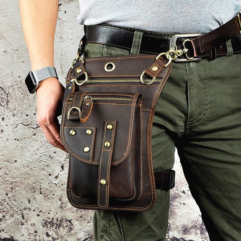 Cool Leather Brown Men s Biker Drop Leg Bag Belt Pouch Black Waist Bag iChainWallets