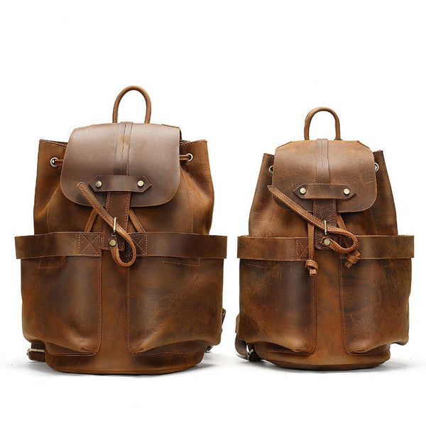 Vintage Leather Men's Barrel Backpack Travel Backpack Brown College Backpack For Men