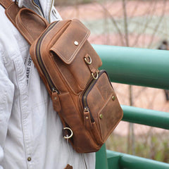 Cool Brown Leather Men's Sling Bag Chest Bag Brown One Shoulder Backpack For Men