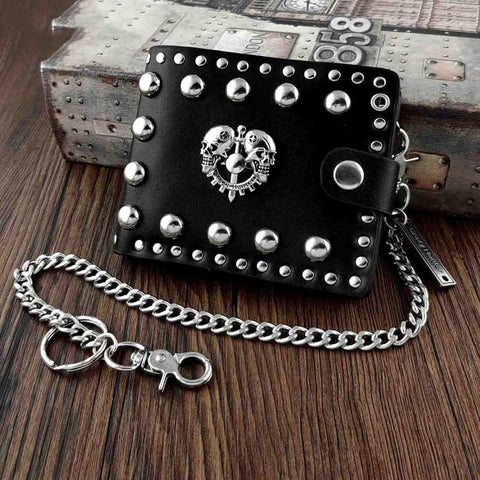 小物 Innerraum wallet chain BLK Punk Black Leather Men's Small Biker Wallet Chain Wallet Skull