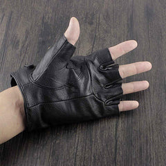 Mens Punk Skull Black Cool Leather Half-Finger Rock Gloves Motorcycle Gloves Black Biker Gloves For Men