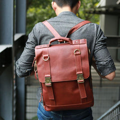 Red Brown Leather Mens Backpack Travel Backpacks Laptop Backpack for men