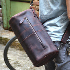 Red Brown Leather Mens Casual Barrel Postman Bag Side Bag Bucket Messenger Bag For Men