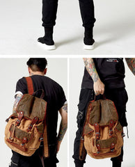Khaki Canvas Leather Mens Large Backpack School Backpack Canvas Travel Backpack For Men