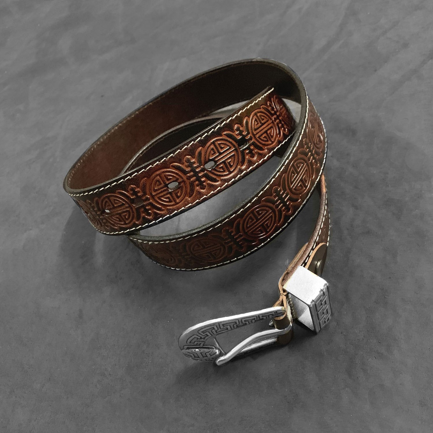 Vintage Chinese Coffee Leather Metal Belt Motorcycle Belt Black Leather Round Belt For Men