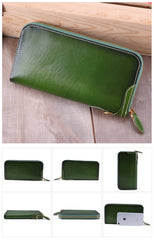 Retro Dark Brown Leather Men's Long Wallet Army Green Simple Long Wallet Clutch For Men