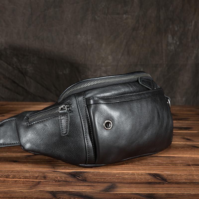 Slim Leather Black Fanny Pack Men's Black Chest Bag Hip Bag Small Wais –  iwalletsmen
