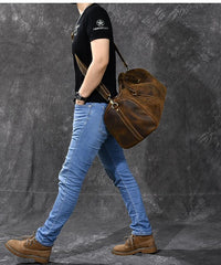 Retro Brown Leather Men's Business Overnight Bag Large Travel Bag Coffee Duffel Bag Weekender Bag For Men
