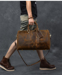 Retro Brown Leather Men's Business Overnight Bag Large Travel Bag Duffel Bag Weekender Bag For Men