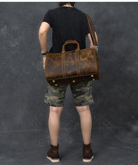 Retro Brown Leather Men's Business Overnight Bag Large Travel Bag Duffel Bag Weekender Bag For Men