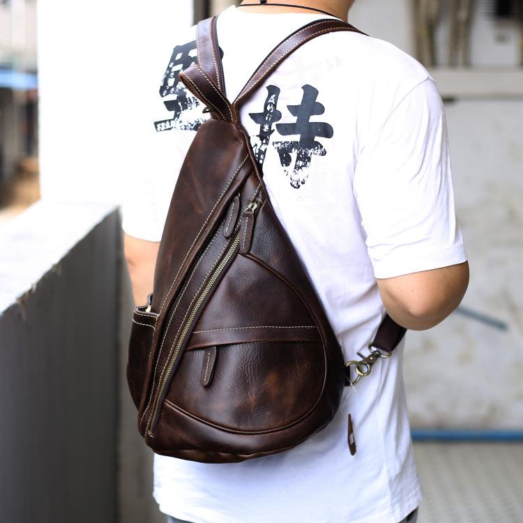 Brown Leather Men s Sling Bag Chest Bag Vintage One shoulder Backpack iChainWallets