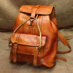 Vintage Lambskin Brown Leather Men's 14'' Laptop Backpack Black Satchel Backpack For Men