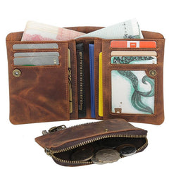 Vintage Leather Mens Bifold Small Wallet billfold Wallet Within Detachable Coin Holder for Men