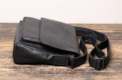 Black Leather Small Zipper Messenger Bag Small Side Bag Black Courier Bag Shoulder Bag For Men