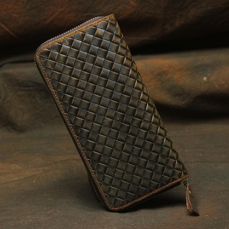 Vintage Braided Brown Leather Men's Clutch Long Wallet Zipper Long Wallet For Men