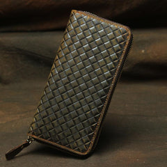 Vintage Braided Brown Leather Men's Clutch Long Wallet Zipper Long Wallet For Men
