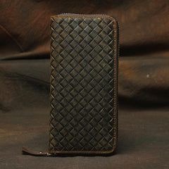 Vintage Braided Brown Leather Men's Clutch Long Wallet Zipper Long Wallet For Men