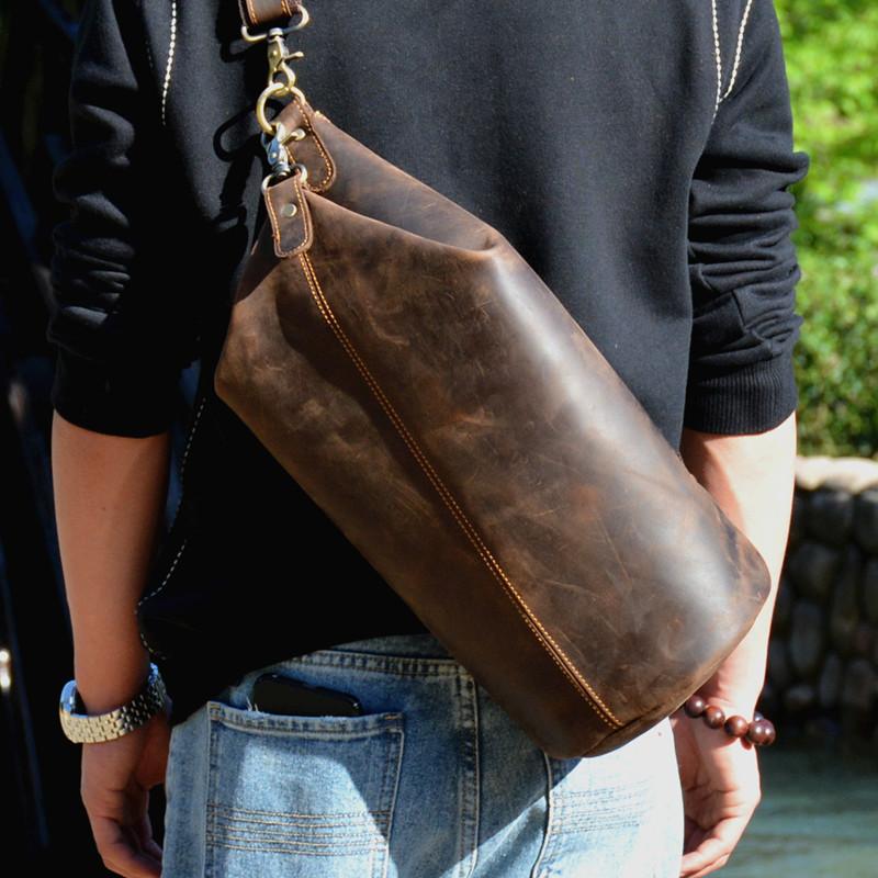 barrel backpack in leather Large Mens Leather Bucket Sling Bag Chest Bags One Barrel Sling Backpa – iChainWallets