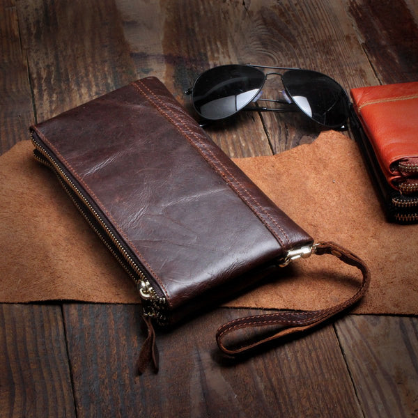 Handmade Leather Mens Cool Long Leather Wallet Slim Zipper Clutch Wristlet Wallet for Men