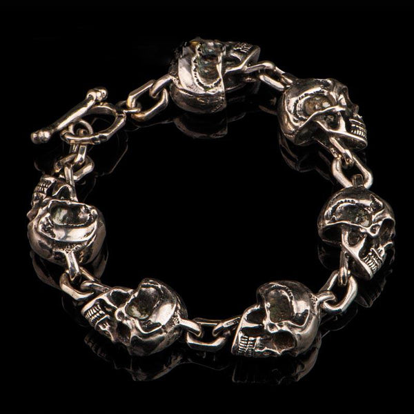 Silver Brass Stainless Steel Biker Trucker Skull Heavy Gothic Skulls Mens Bracelet Biker Jewelry