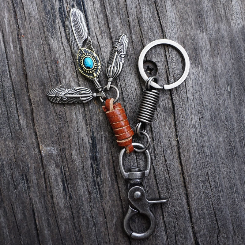 Handmade Biker Trucker Motorcycle Cool Feathers Key Ring Keychain Fob Leather Braided Keychain