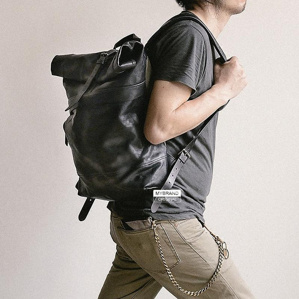 Genuine Leather Mens Cool Backpack Sling Bag Large Black Travel Bag Hiking Bag for men - iChainWallets