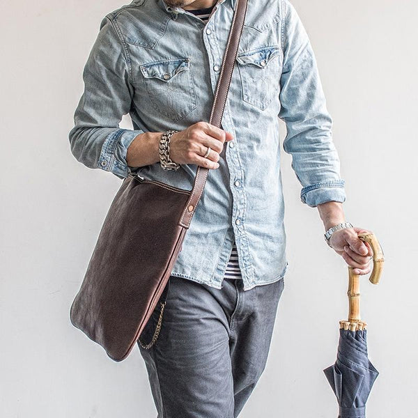 Genuine Leather Mens Cool Messenger Bag Satchel Bag Laptop Bag Cycling Bag for men - iChainWallets